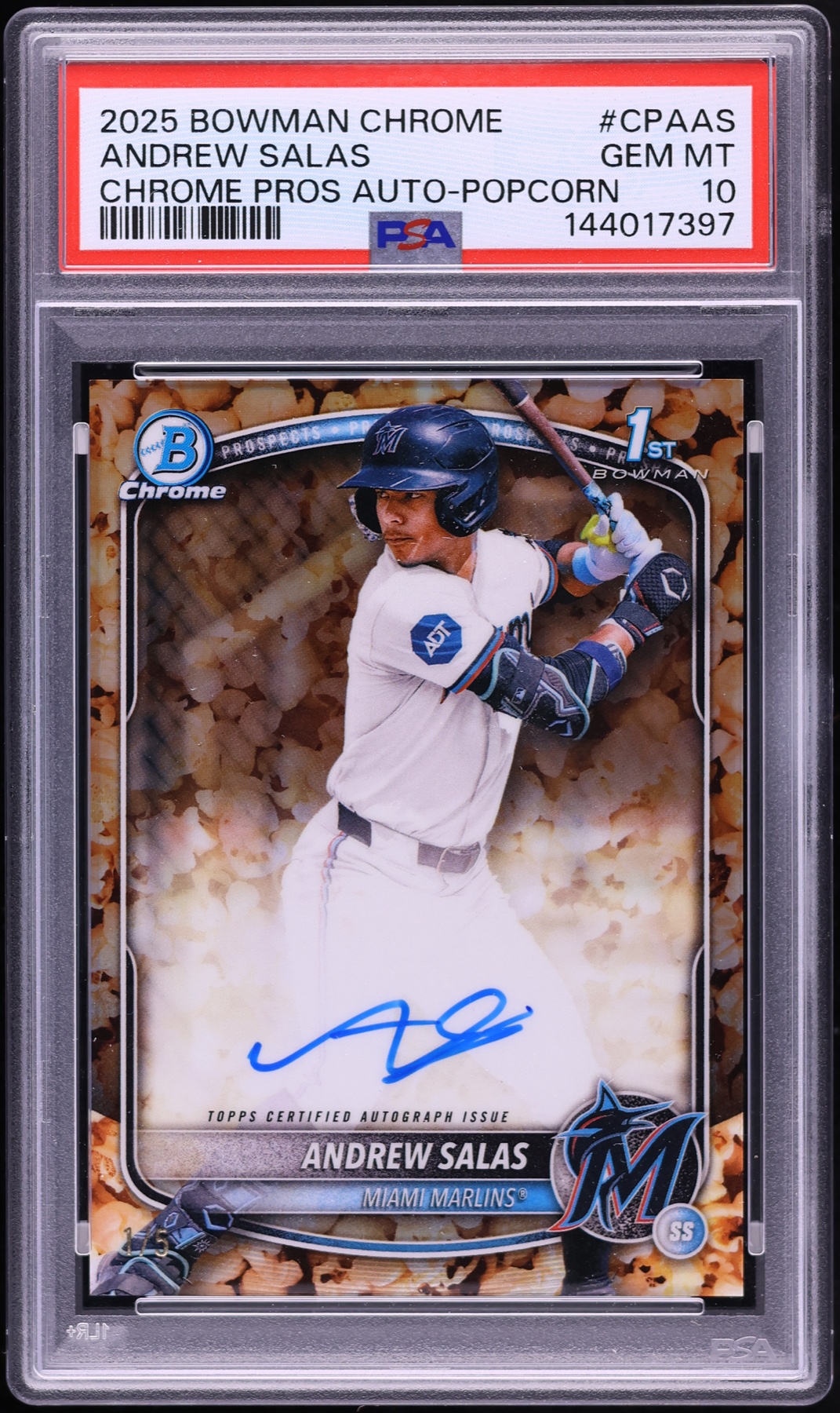 2025 Bowman Chrome Andrew Salas Popcorn Refractor autograph numbered one of five in a PSA 10 holder