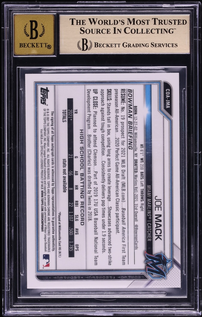 2021 Bowman Chrome Draft Joe Mack Superfractor prospect autograph one-of-one graded BGS 9.5 Gem Mint, reverse